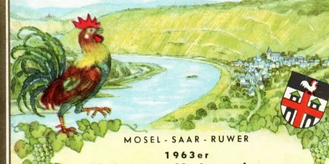 Lovely Rooster River Mosel Saar Ruwer Valwiger 1963er - 1960's German Wine Label