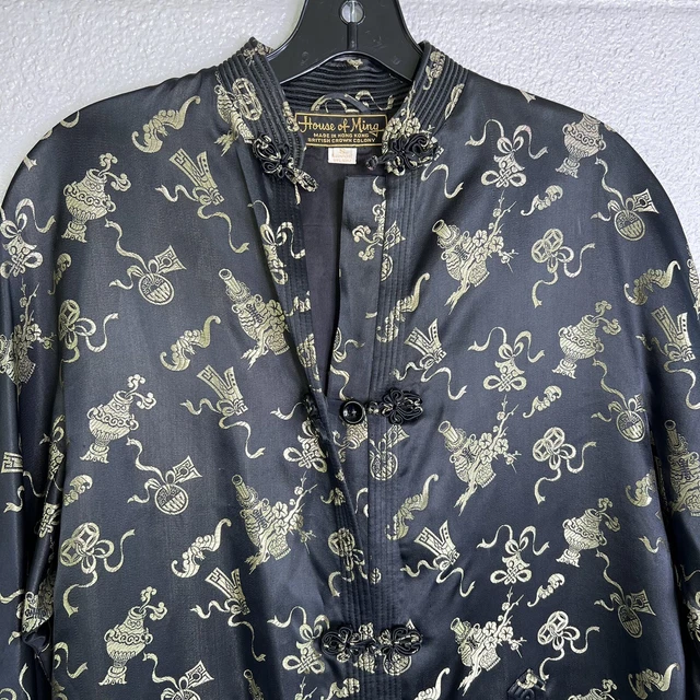 Vintage House of Ming Black & Gold Brocade Small Asian Kimono Robe READ