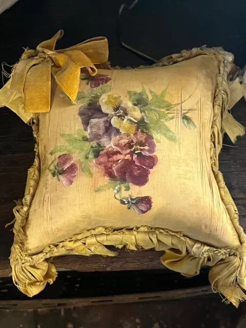 C. 1800s Antique Silk Victorian Pillow Hand Painted, Lace & Velvet Ribbon RARE