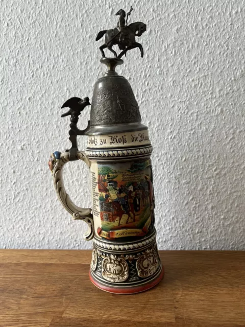 antiker Bierkrug mit Zinndeckel Reserve Gefreiter - hat Ruh 1907 - 1910