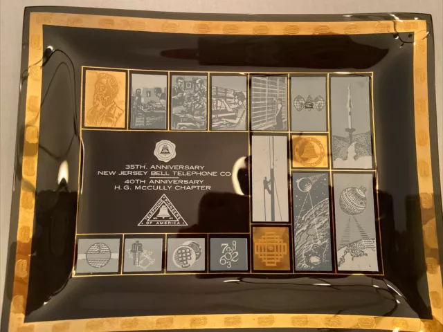 New Jersey Bell Telephone Co Trinket Tray Smoked Glass & Gold 35th Anniversary