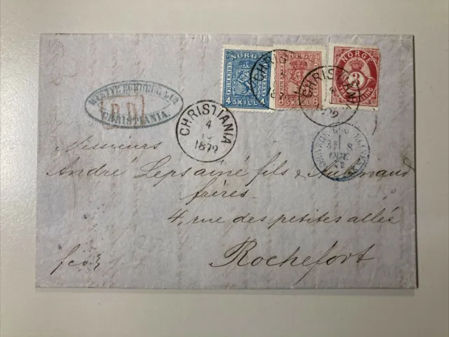Norwegen Brief 1872 15 skilling Dreifarbenfrankatur von Christiana n. Rochefort