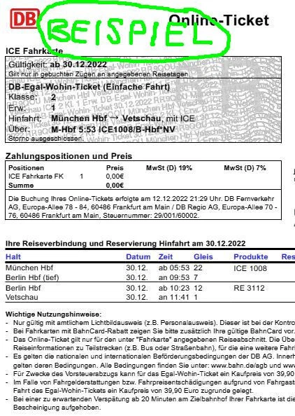Ticket für eine einfache Fahrt (digitales Bahnticket, egal wohin) Ticket für eine einfache Fahrt (digitales Bahnticket, egal wohin)