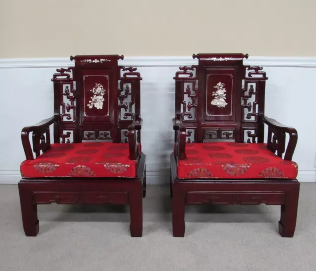 Pair Of Carved Asian Style Chairs, Mother Of Pearl Inlay, Upholstered Cushions