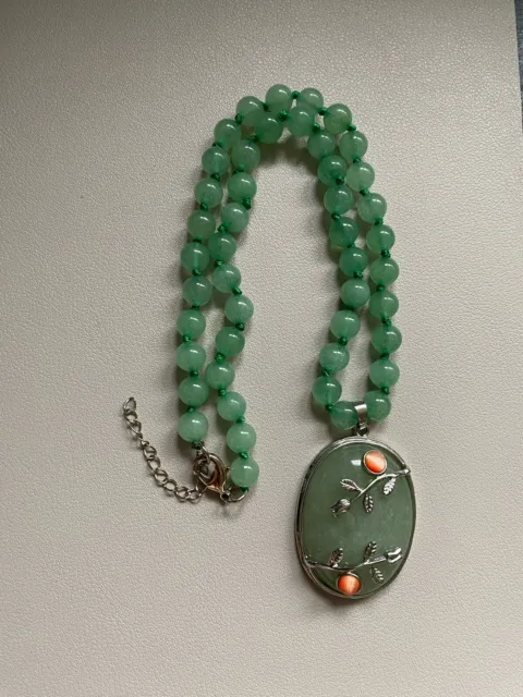 Jade? Large Pendant Necklace Green Stones  Floral