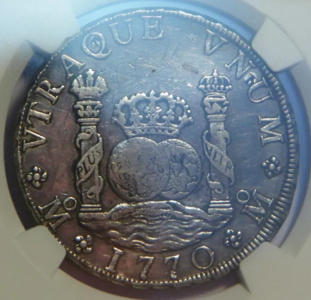 1770/60 MF 8 Reales: Mexico City Mint  NGC XF (chopmarked, obv. grafitti) RARE 2