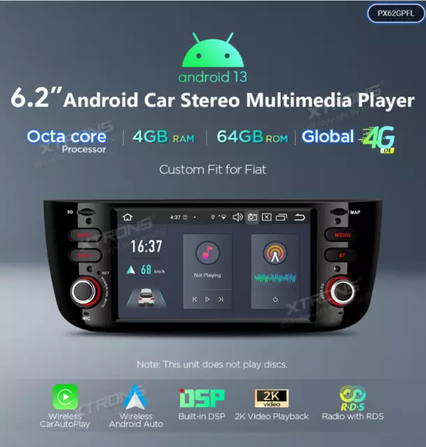 Autoradio GPS Fiat Grande Punto 4GB RAM + 64 Android 13 Wifi 4G XTRONS PX62GPFL