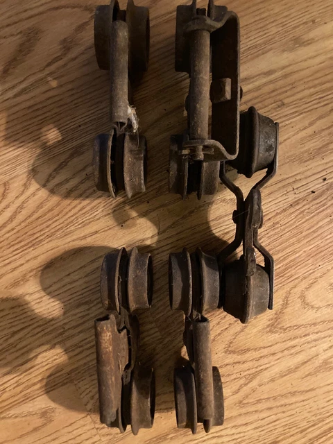 Antique Vtg Barn Door Track Rollers Wheels Cast Iron Hangers-2 pair and 1 single 3