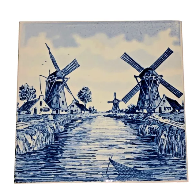 Vintage Dutch Delft Tile Blue/White Windmill Made In Holland 6”x6”