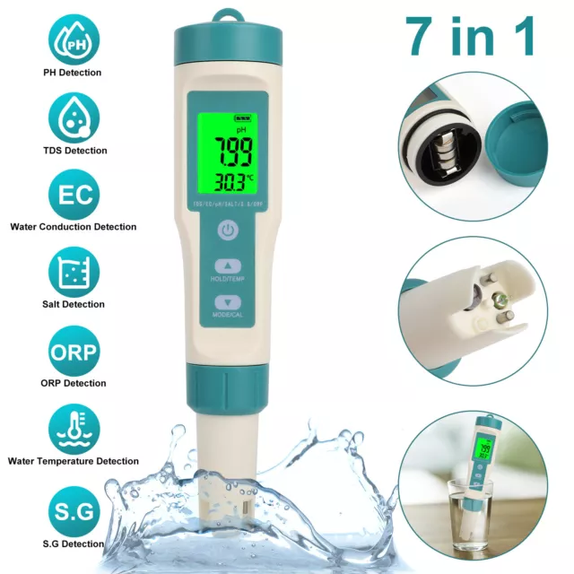7 in 1 Water Quality Tester Digital LCD Meter Pen PH/TDS/EC/ORP/TEMP/SG/Salinity