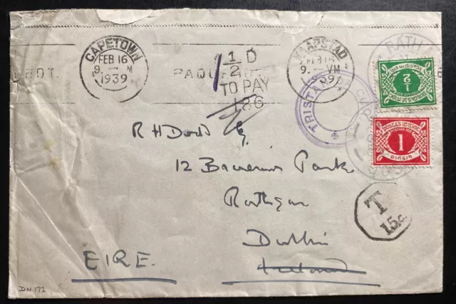 1939 Tristan Da Cunha Postage Due Cover To Dublin Ireland Via South Africa 2