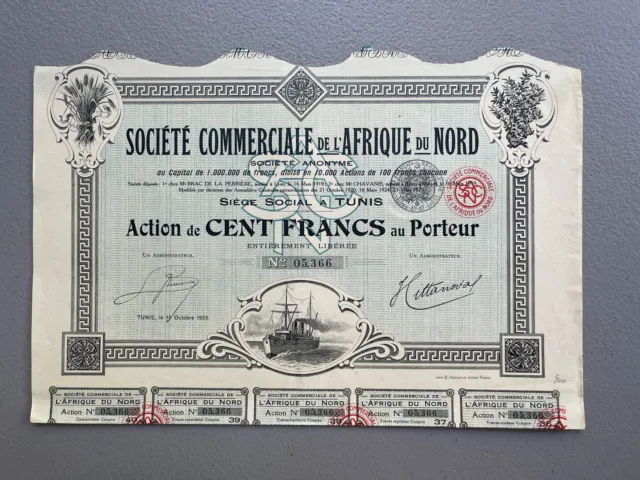 1925 Societe Commerciale De L'Afrique Du Nord Stock Certificate Bond ~ Tunisia