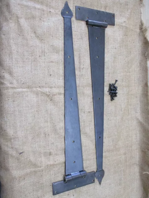 2 HUGE Strap T Hinges 24" Tee Hand Forged Gate Barn Rustic Medieval Iron Large 3