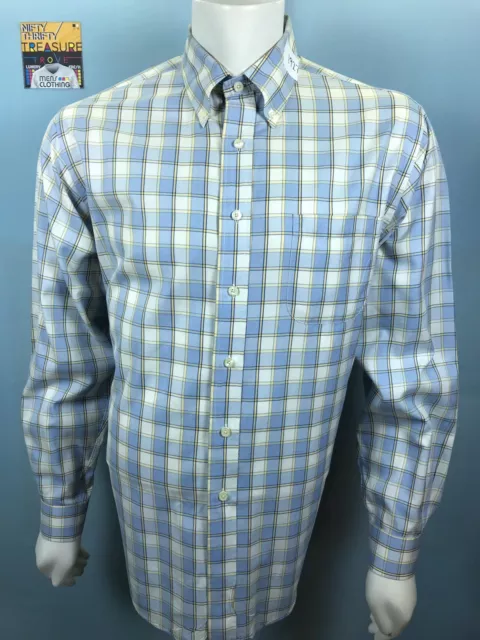 Mens Brooks Brothers Large Blue Yellow Creme Plaid 100% Cotton Woven Italy Shirt