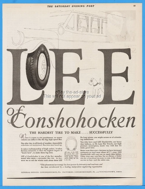 1929 Lee of Conshohocken PA Motor Car Automobile Tires Youngstown OH Hardest Ad