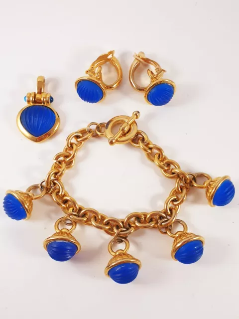 Parure Bracelet Pendentif Et Clips bleu Cabochon style Agatha bijou vintage