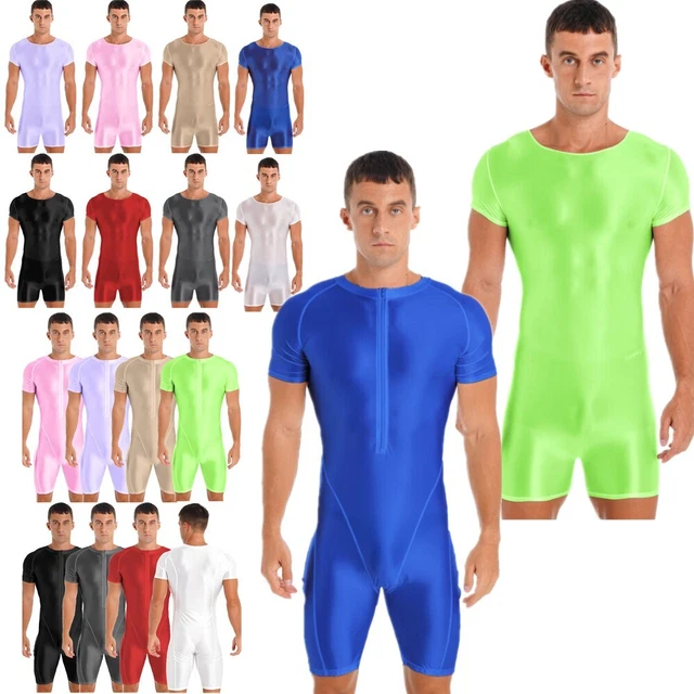MENS ONE PIECE Glossy Short Sleeve Bodysuit Leotard Stretchy Jumpsuit