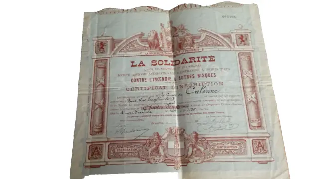 Exceptionnel action La solidarité Certificat d'inscription Comte de Calonne n° 1