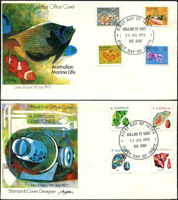 1973 AUSTRALIA MARINE Life Gemstones Set Of 8 On 2 First Day Covers 