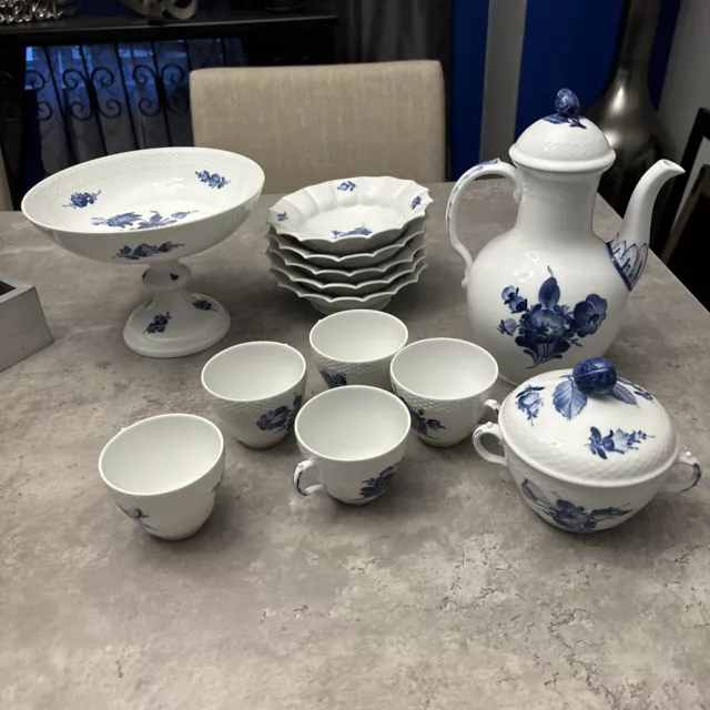 royal copenhagen blue flowers braided Set Of 13 Teapot, Cups, Dishes Cake stand