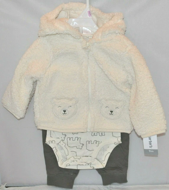 Carters Baby Clothes 3 Piece Boy White Polar Bear Hoodie Bodysuit Gray Pants NEW