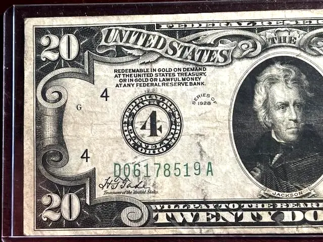 1928 $20 Federal Reserve Note “REDEEMABLE IN GOLD”LIME GREEN SEAL, VF+ #4