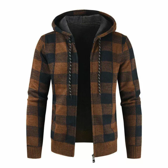 Mens Casual Plaid Hooded Thicken Jacket Fashion Sweater Cardigan Slim Fit Coats