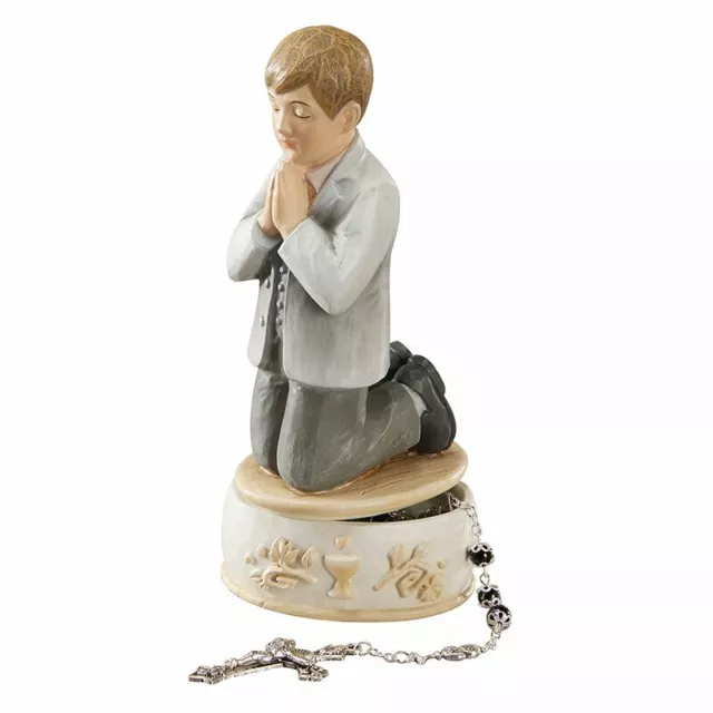 First Communion Kneeling Praying Boy Rosary Box Keepsake Gift Figurine, 6 In