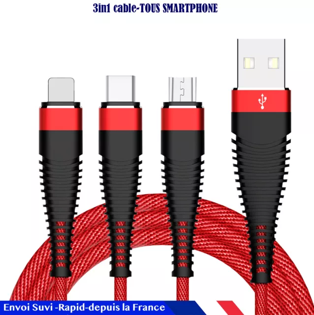 3 EN 1 Chargeur Multiple Cordon Câble d'éclairage de type C Micro USB Données Ch