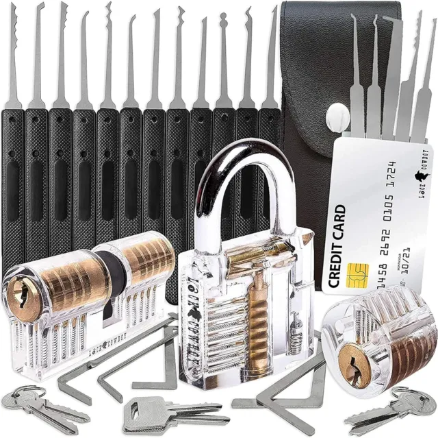 LOCK COWBOY 30-teiliges Lockpicking Set mit 3 Transparenten Übungsschlössern