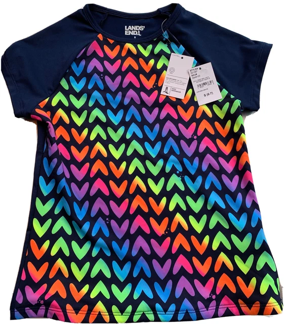 NEW Lands’ End UPF 50 RASH GUARD Short Sleeve Sun Swim Top S(6-7) Rainbow Hearts