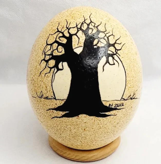 Vintage Hand Painted Genuine Ostrich Egg With Wooden Stand Signed By Artist ZEKE