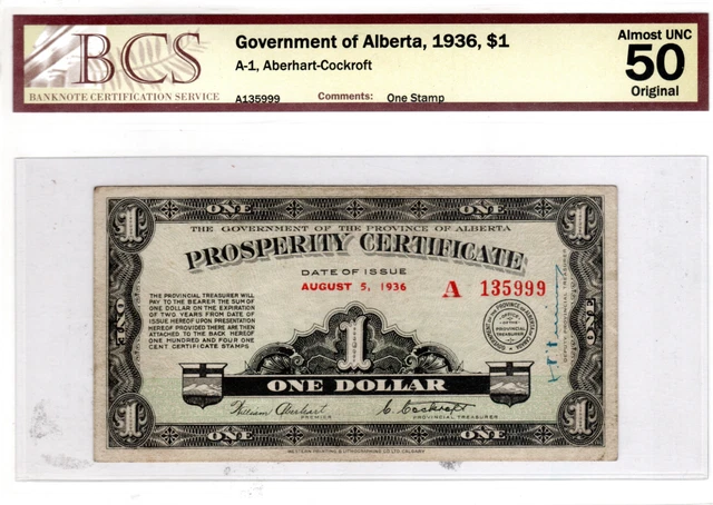 CANADA (Government of Alberta) $1 Dollar 1936 About UNC BCS 50 CH-A-1 Banknotes
