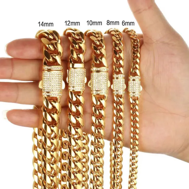 6mm-14mm Mens Miami Cuban Link Chain SOLID Stainless Steel Necklace or Bracelet
