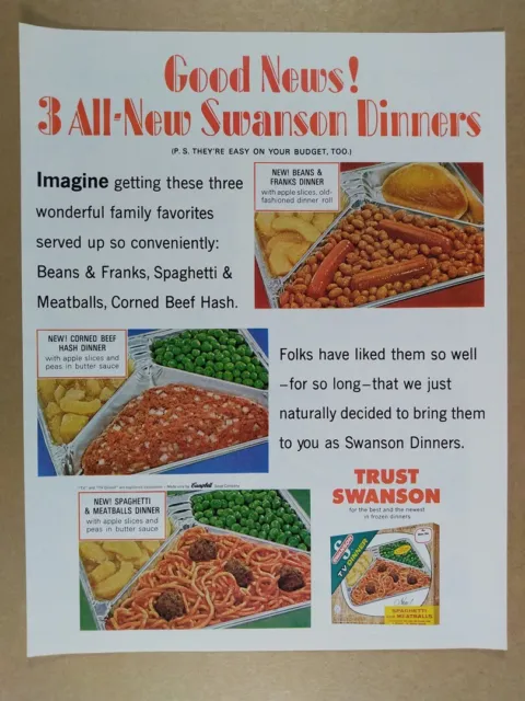 1964 Swanson TV Dinner Franks-Beans Corned Beef Hash Spaghetti vintage print Ad