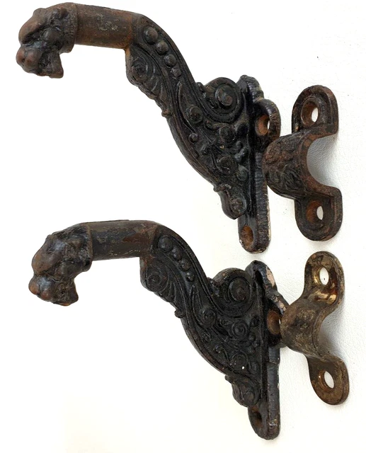Pair Russell & Erwin Lion Head Ornate 1880s Cast Iron Stair Rail Brackets Antiqu