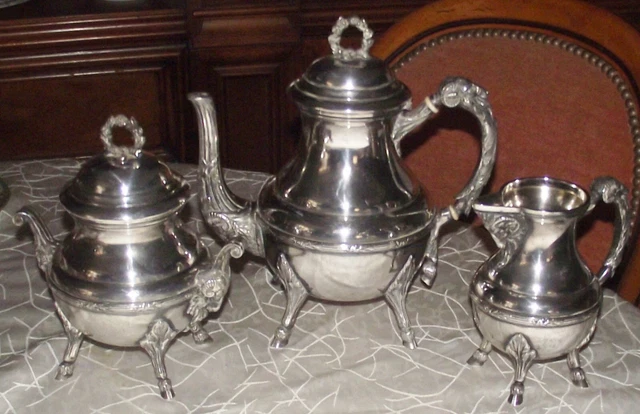 Service thé café Art Déco années 1930 métal argenté martelé bois Ancien