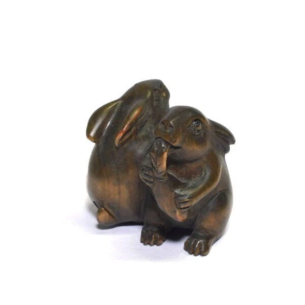 Netsuke Lapin En Buis Japonais Ancien - Époque Edo, Sculpture Originale, Taille 34x34x50mm