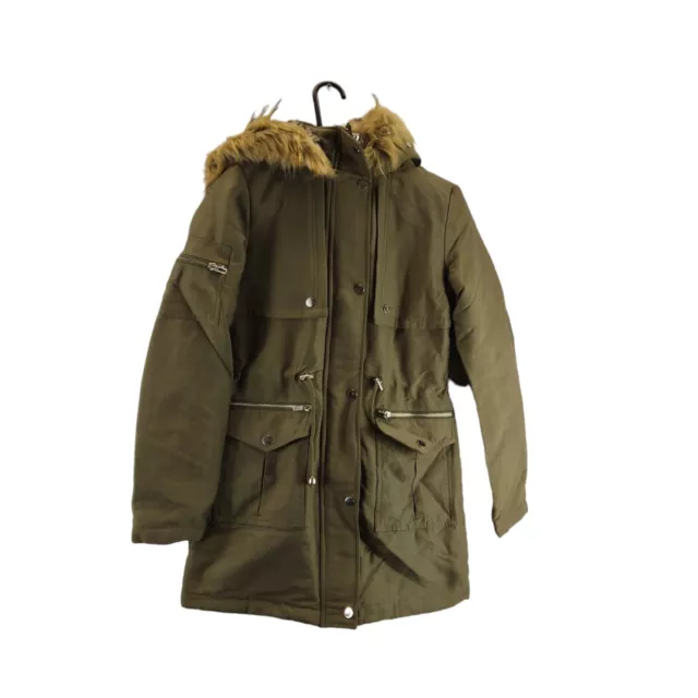 michelle keegan women parka coat khaki green faux fur hood zip up size 6