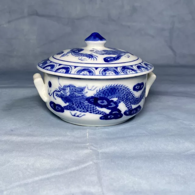Vintage Asian White & Blue Ceramic-Porcelain BLUE DRAGON Trinket Box Sugar Bowl