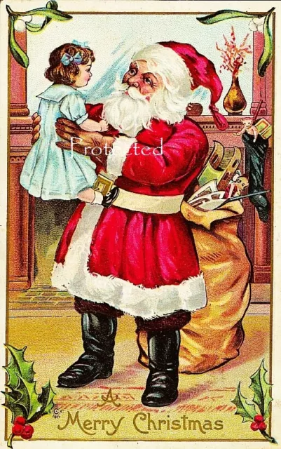 Vintage Christmas Fabric Block Victorian Santa Claus Merry Christmas
