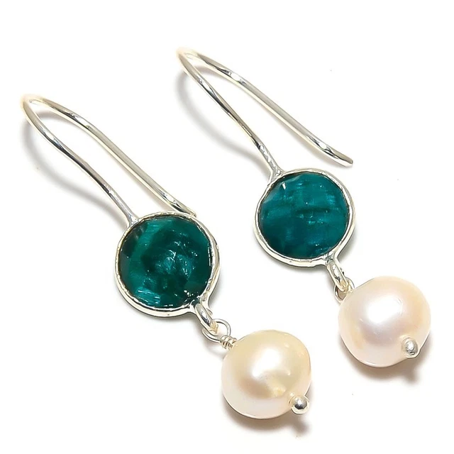 Green Jade, Pearl Gemstone 925 Sterling SilverJewelry Earring 1.50 " E956