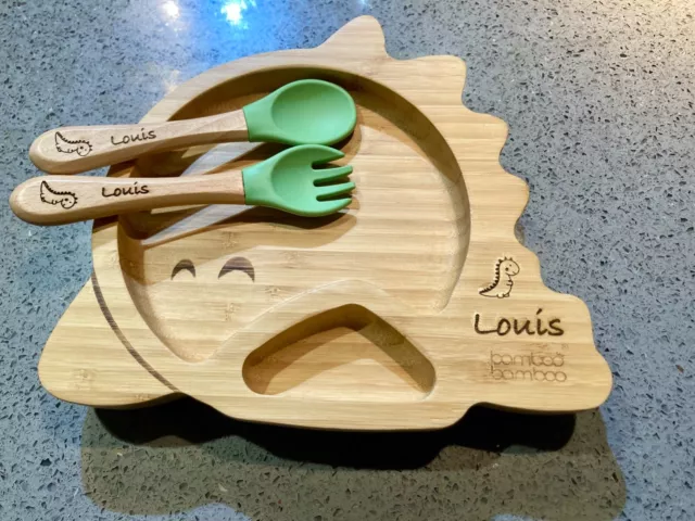 Personalised bamboo Dinosaur Plate Baby Kids Toddler Suction Plate Weaning Set