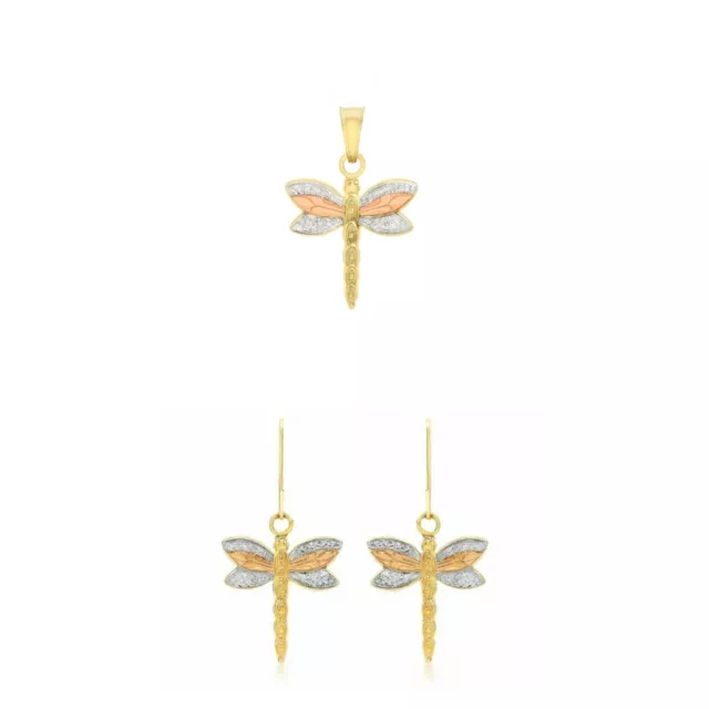 Set Ciondoli e Orecchini Dragonfly Modello 9ct 3 Colori Oro Nuovi In Scatola