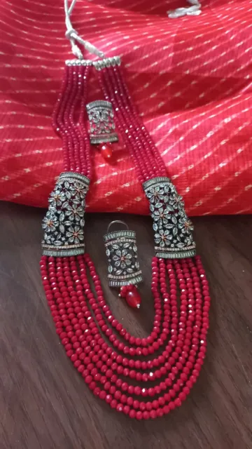 Victorian Kundan Long Necklace with Diamond Accents Jewelry Set