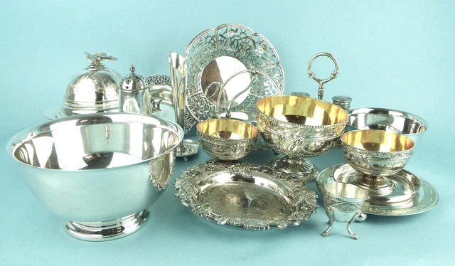 Aesthetic Lot Silver Plate Figural Gilt Butter Dish Salt Cellar Serving Bowls