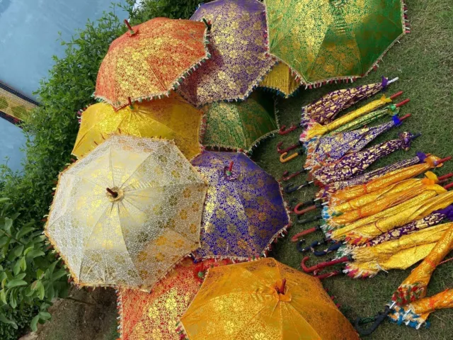 Gold Print Decorative Umbrella Wholesale Lot Cotton Indian Handmade Sun Parasol 3