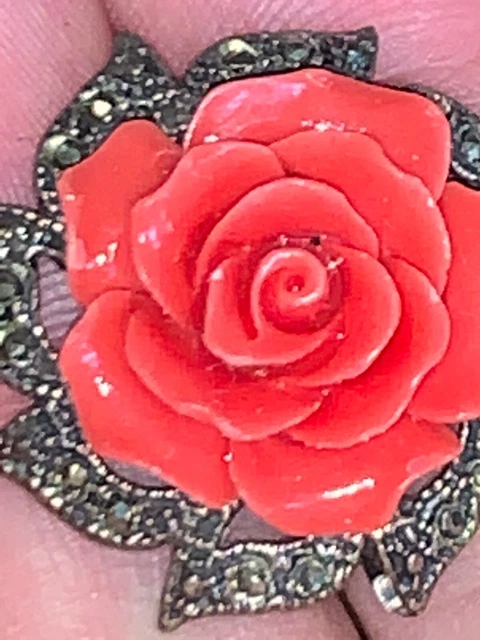 RARE Antique Old Chinese Estate Collection Coral Rose Flower Pendant Silver