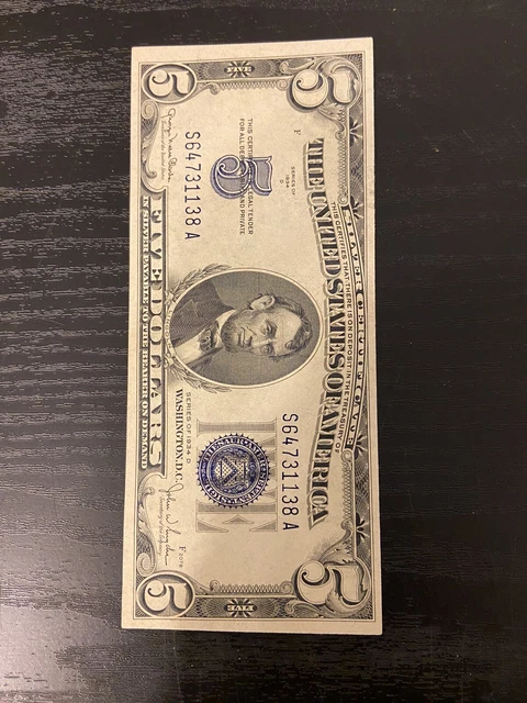 Series 1934 D $5 Five Dollar Silver Certificate Blue Seal   F 2078 7