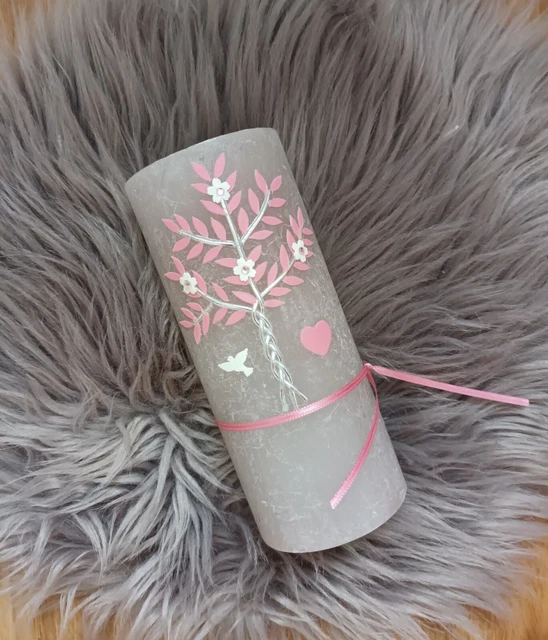 Taufkerze rustikal Mädchen ,,rosa Baum"